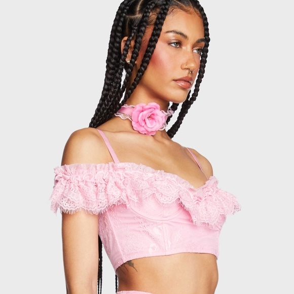 NWT Dolls Kill Sugar Thrillz A Greater Love Lace Off The Shoulder Crop Top - Picture 8 of 9